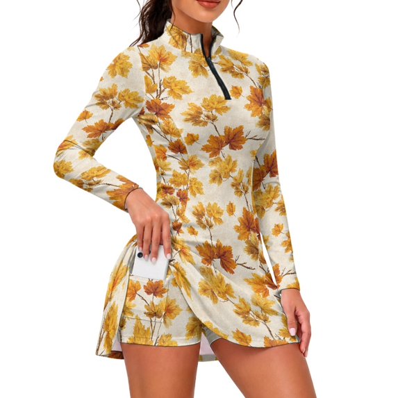 ZUXONGSY Autumn Maple Print Golf Dress for Women with Built in Shorts and Pockets, Long Sleeve 1/4 Zip Tennis Dress, Lightweight Moisture Wicking Dress for Sport Training Hiking, XL