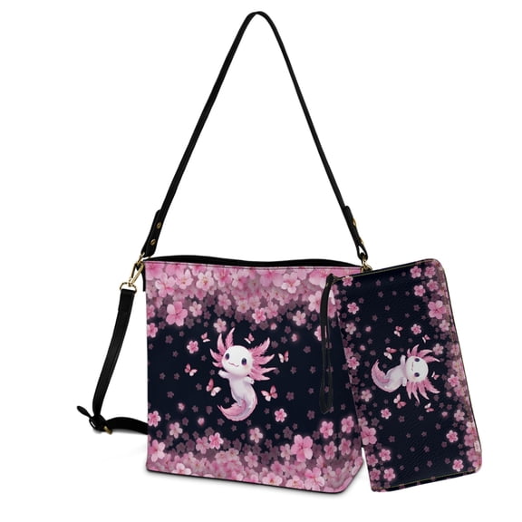 ZUXONGSY Axolotl Cherry Blossom Print Bucket Bag Tote Purse Set for Women Lightweight Top-Handle Handbags with Purse Multipurpose Shoulder Bag with Leather Wallet for Business