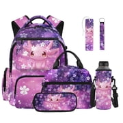 ZUXONGSY Axolotl Cherry Blossoms Print 6 in 1 Backpack Set for Boys Girls, Padded School Backpack with Lunch Bag, Pencil Case, Water Bottle Holder, Keychain & Bookmark, Durable Bookbag for Daily Use