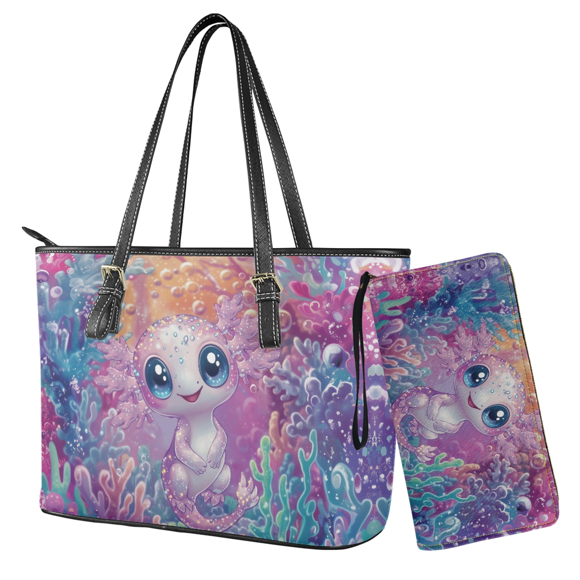 ZUXONGSY Axolotl Coral Print Women's Leather Tote Bag and Wallet Set Lightweight Top Handle Satchel Purse with Matching Clutch for Shopping Work