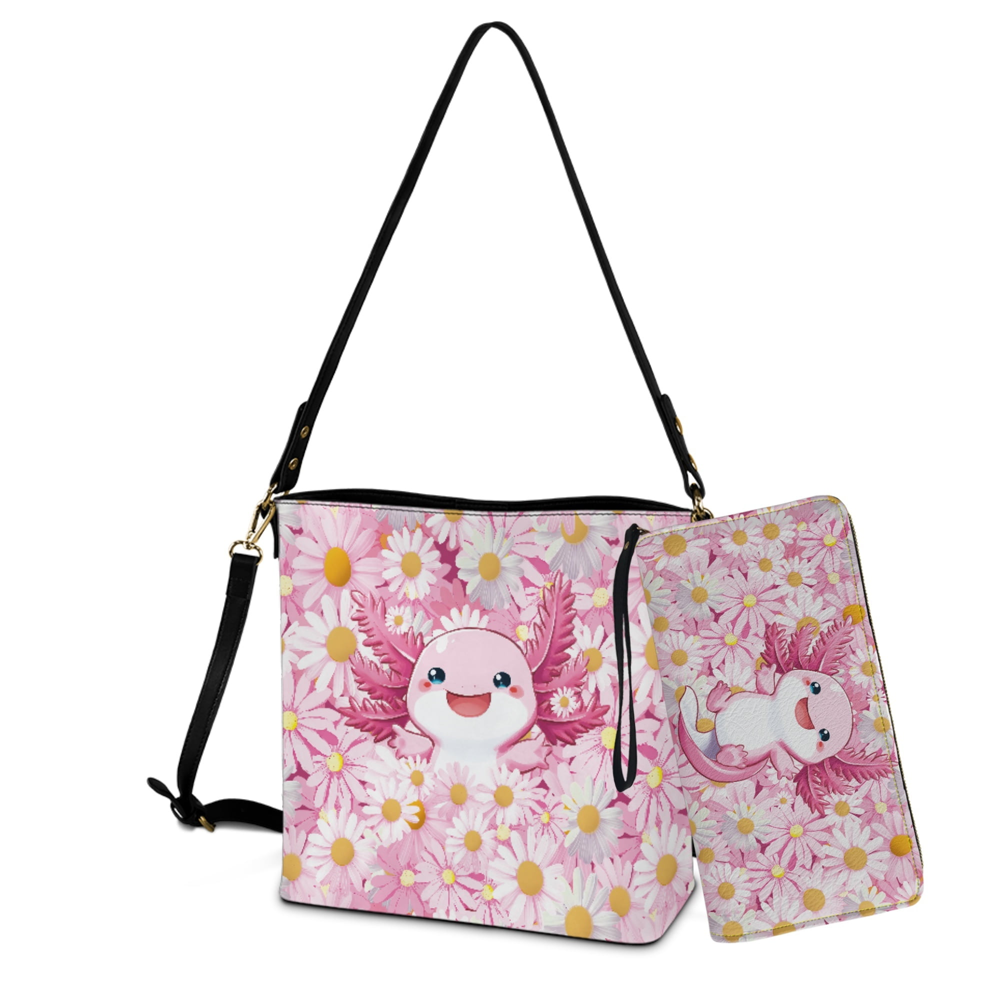 ZUXONGSY Axolotl Daisy Flower Print Crossbody Hobo Bag with Wallet Set for Women Casual 2 Pcs Bucket Purse Set Lightweight Bucket Purse and Wallet Set for Working