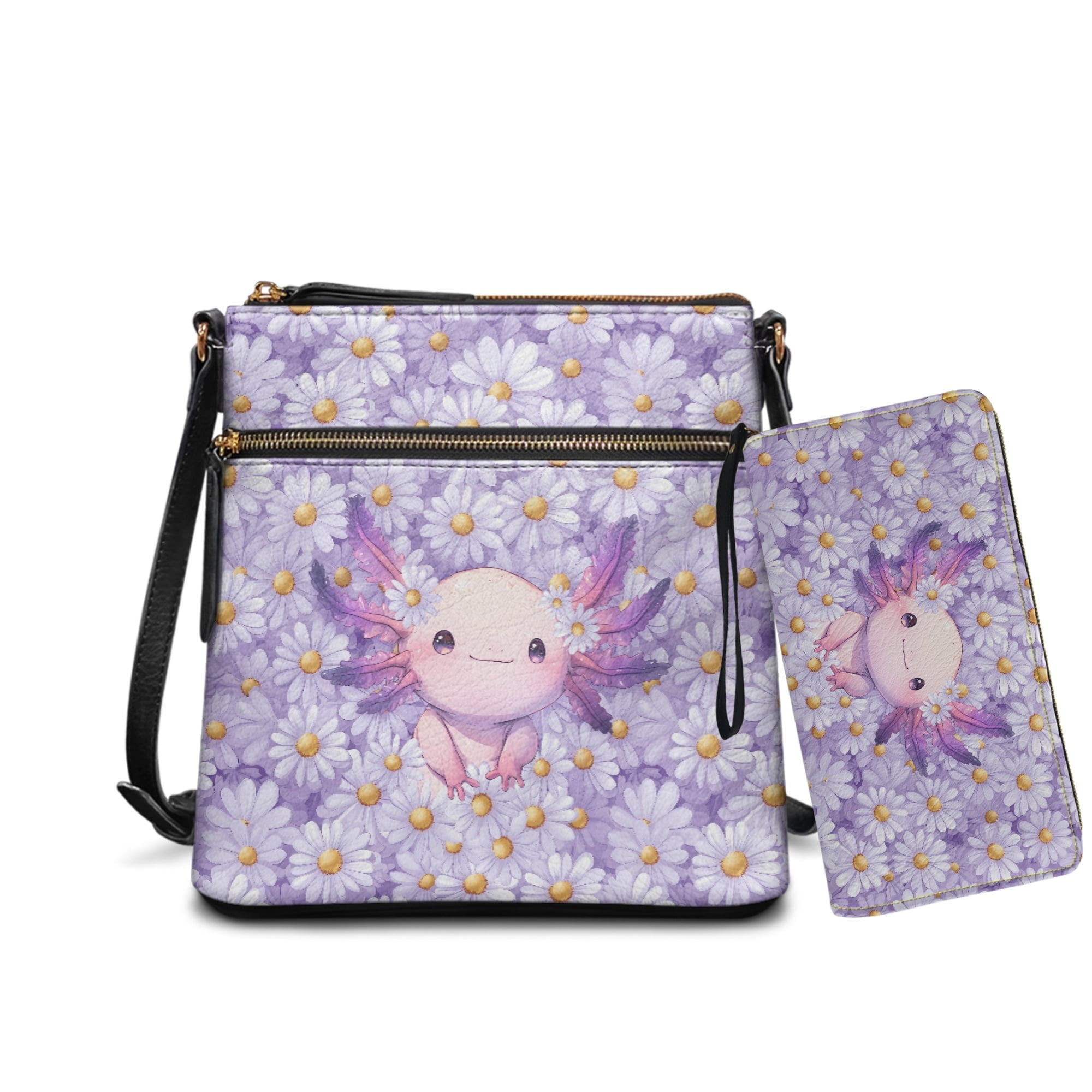 ZUXONGSY Axolotl Daisy Flower Print PU Leather Crossbody Hobo Purse & Wallet Set for Women, Multi-Pocket Messenger Shoulder Bag with Adjustable Strap
