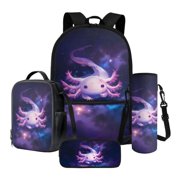 ZUXONGSY Axolotl Galaxy Print Backpack Set for Teens Boys Girls 17 Inch School Bags Student Backpack 4 Pieces Bookbags Set School Bag with Pencil Case Lunch Box and Water Bottle Holder