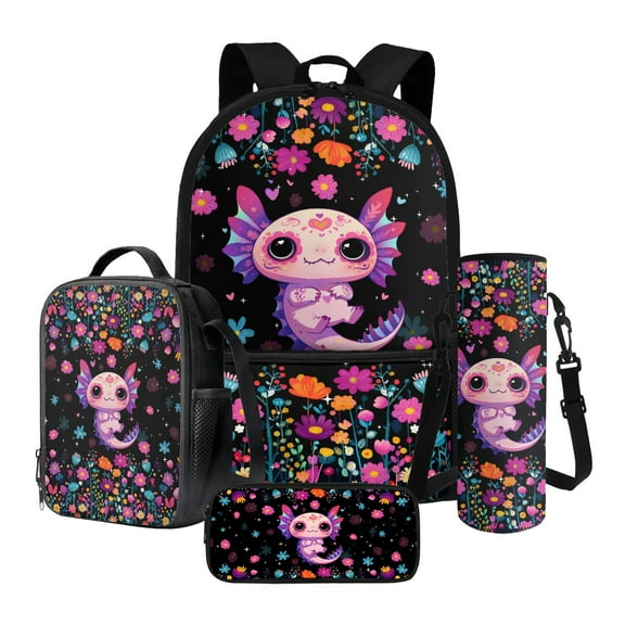 ZUXONGSY Axolotl Heart Daisy Flower Print School Bag Set for Boys Girls Kids Children Backpack Casual Rucksack Insulated Lunchbox Pencil Case and Water Bottle Holder 4 Piece for Teen Kids