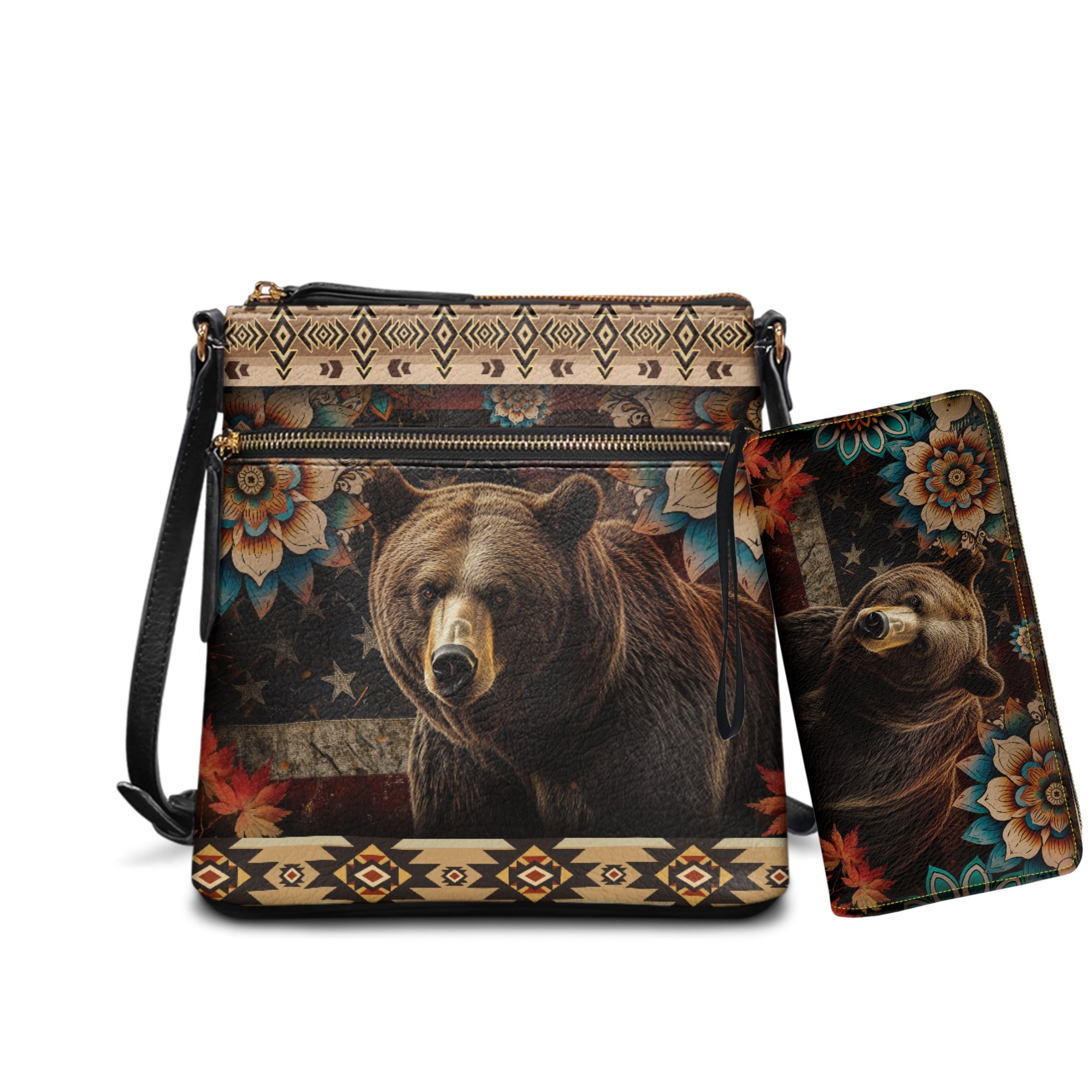 ZUXONGSY Aztec Bear Boho Mandala Print Women's Large PU Leather