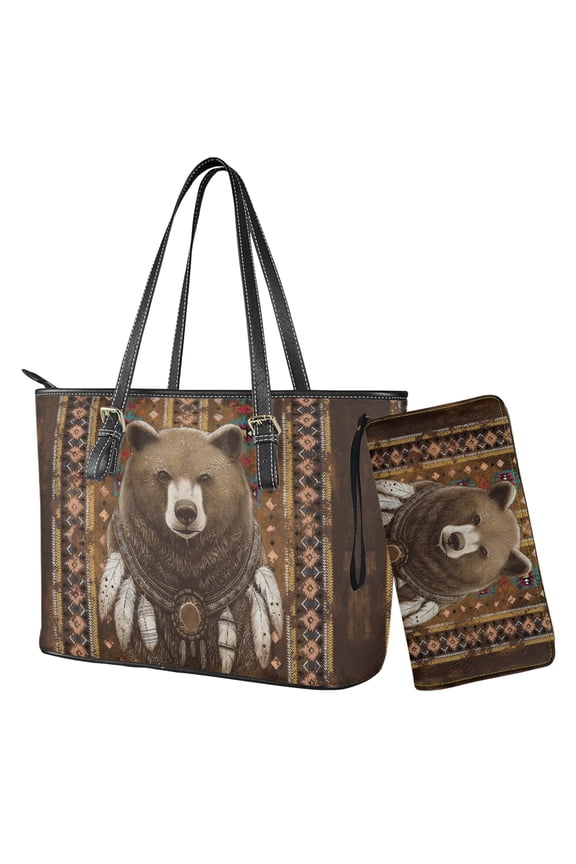 Aztec Bear Print Large Capacity Women's Top Handle Tote Bag Set PU Leather Purse with Matching Wallet & Clutch for Shopping Work