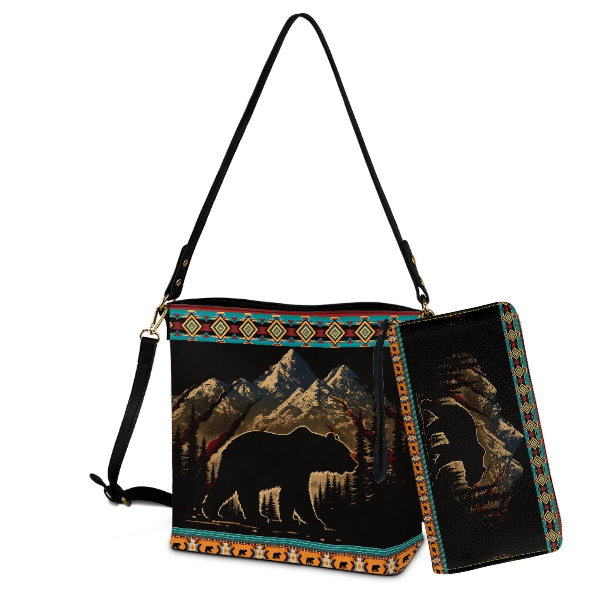 ZUXONGSY Aztec Bear Snow Mountain Print Top-Handle Handbags with Purse for Women Multipurpose Crossbody Handbag with Leather Wallet Trendy Bucket Purse and Wallet Set for Dating