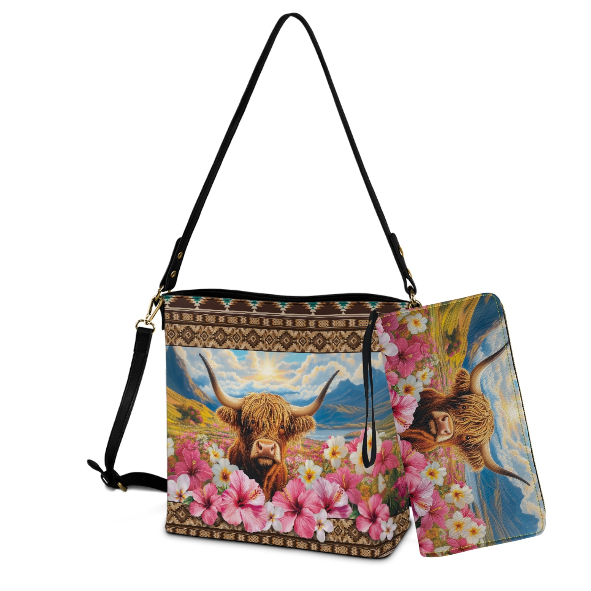 ZUXONGSY Aztec Hibiscus Highland Cow Print Crossbody Satchel Bag for Women Bucket Bag Purse Set Large Bucket Handbag with Leather Wallet