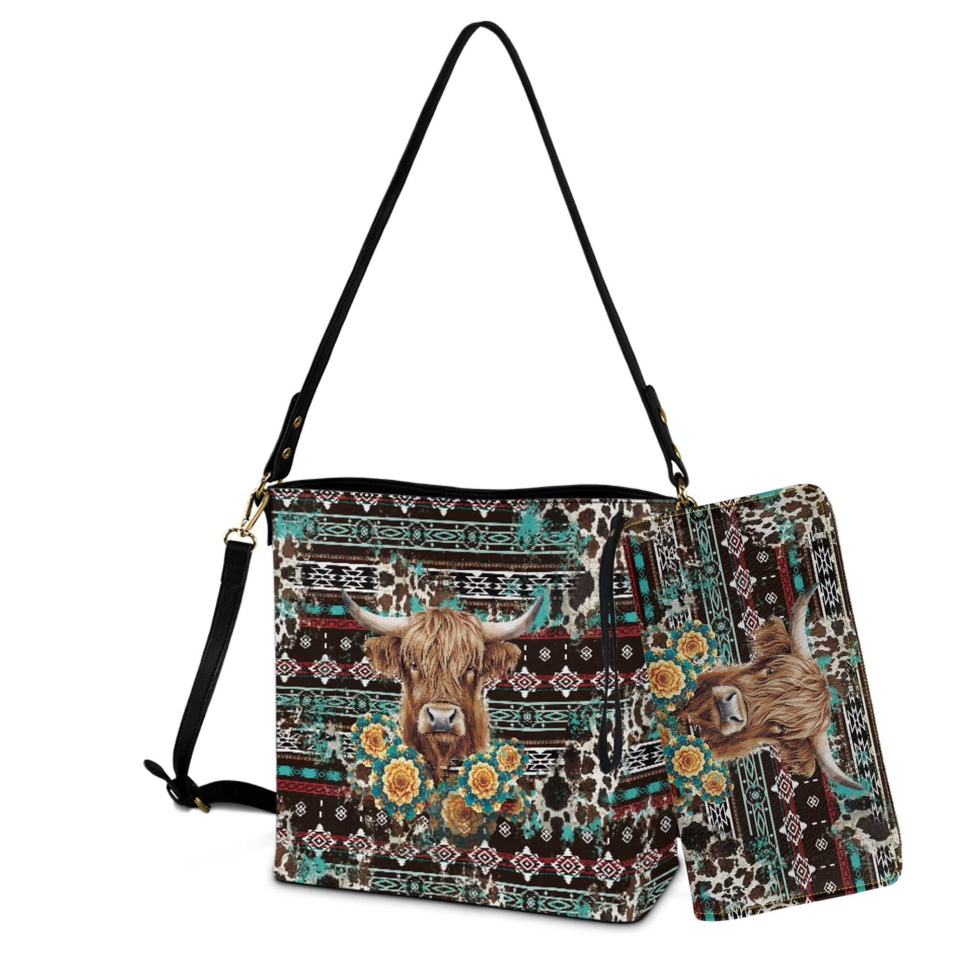 ZUXONGSY Aztec Highland Cow Boho Mandala Print Leather Bucket Bags for Women 2 Pcs Large Bucket Handbag with Wallet Set, Crossbody Hobo Bag Satchel Purse Bucket Bag Purse for Shopping Travel Work