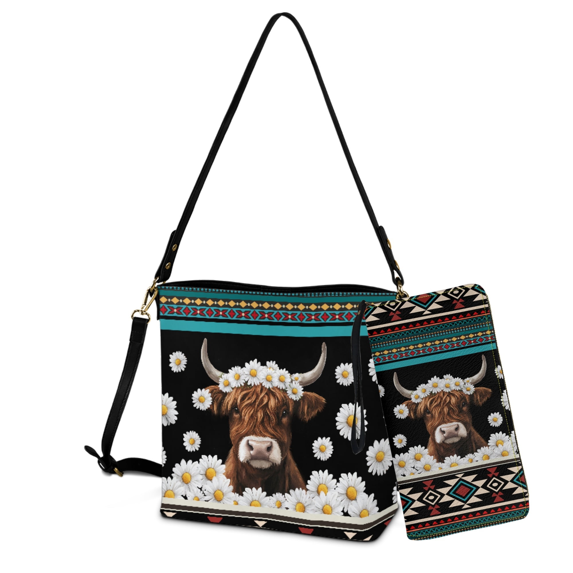 ZUXONGSY Aztec Highland Cow Daisy Flower Print Bucket Purse and Wallet Set for Women Lady Fashion Bucket Bag Tote Purse Set Lightweight Crossbody Hobo Bag with Wallet Set for Daily Use