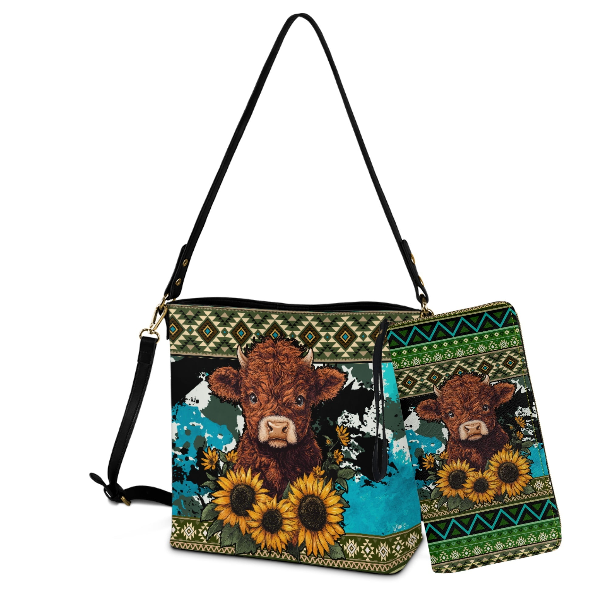 ZUXONGSY Aztec Highland Cow Sunflower Print Crossbody Handbag with Leather Wallet for Women Multipurpose Bucket Bag Tote Purse Set Waterproof Top-Handle Handbags with Purse for Dating