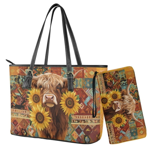 ZUXONGSY Aztec Highland Cow Sunflower Print Large Capacity Shopping Tote for Women Waterproof Handbag and Wallet Set for Shopping Work