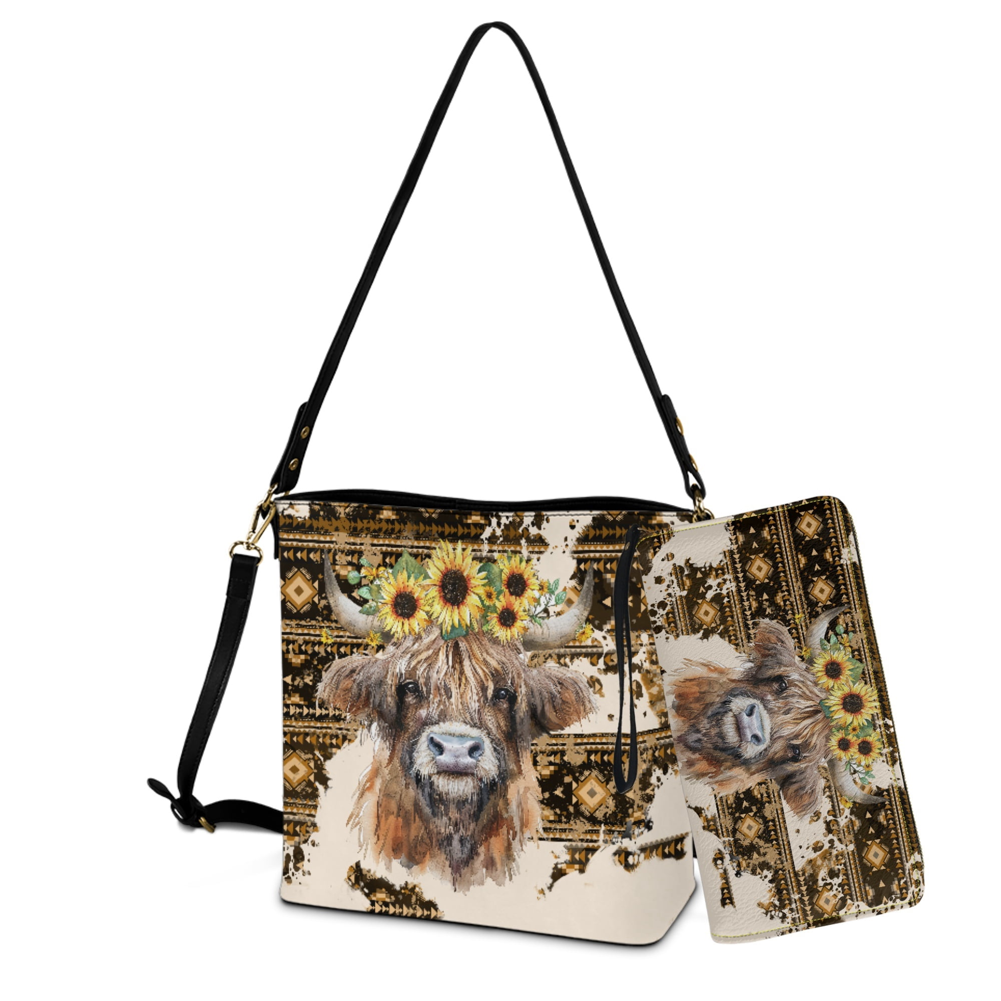 ZUXONGSY Aztec Highland Cow Sunflower Print Leather Bucket Handbag for Women Large Leather Tote Bag with Wallet Set Crossbody Bucket Bag Purse Wallet Set for Shopping Travel