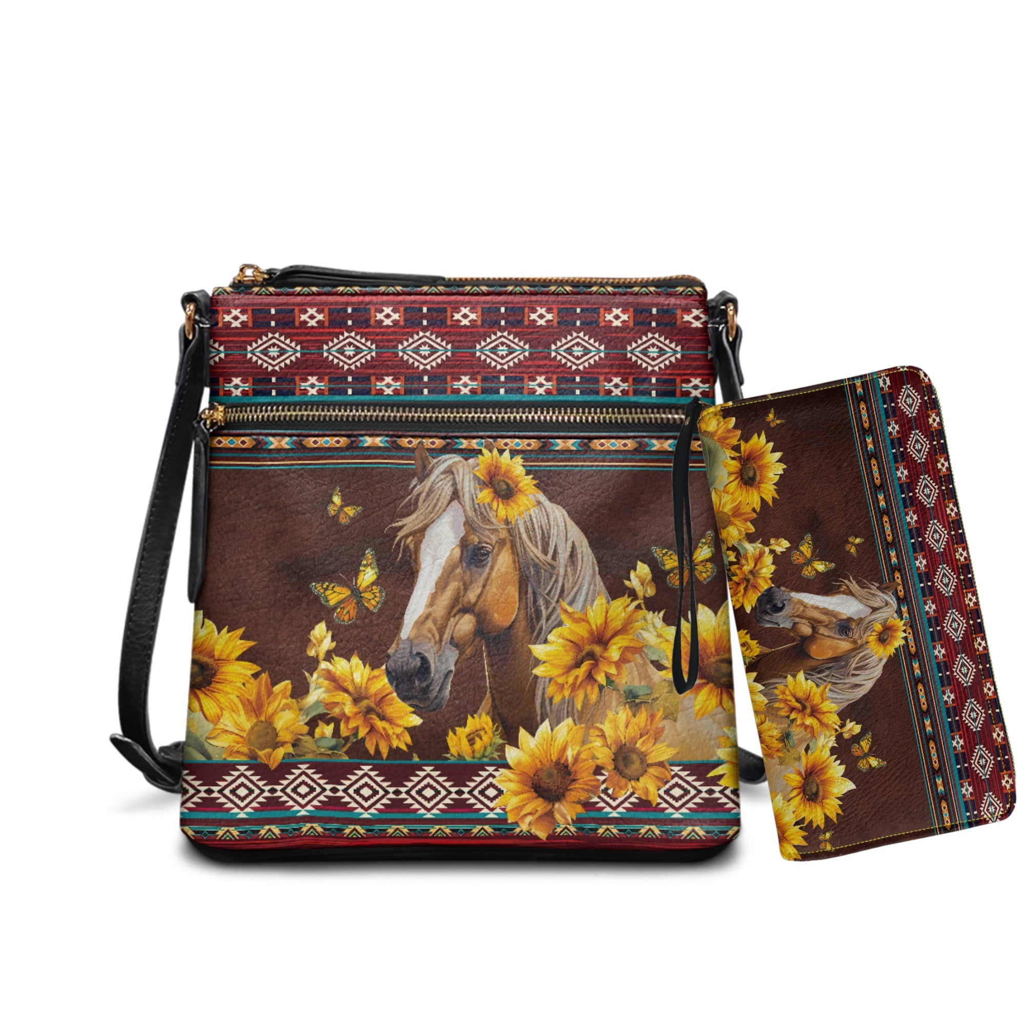 ZUXONGSY Aztec Horse Butterfly Sunflower Print Ladies PU Leather Crossbody Bags with Purse Set- Adjustable Crossbody Strap Hobo Bag and Wallet Set for Party or Dating