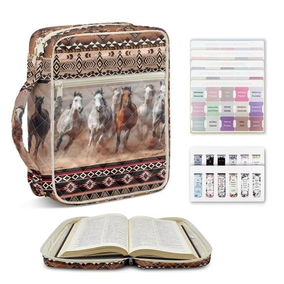 ZUXONGSY Aztec Horse Print Bible Case for Women Quilted Bible Cover Sturdy Scripture Bag with Bookmarks & Pen Slots Carrying Book Case for Study, Gift