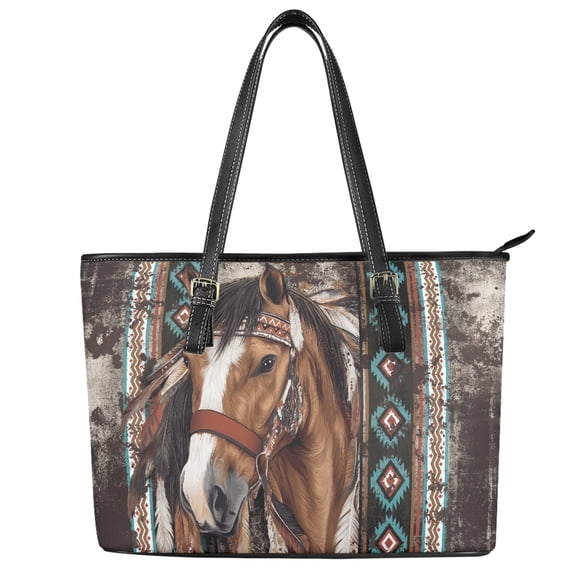 ZUXONGSY Aztec Horse Print Tote Bag for Women PU Leather Shoulder Bag Trendy Travel Purse with Zippered for Workout Dating