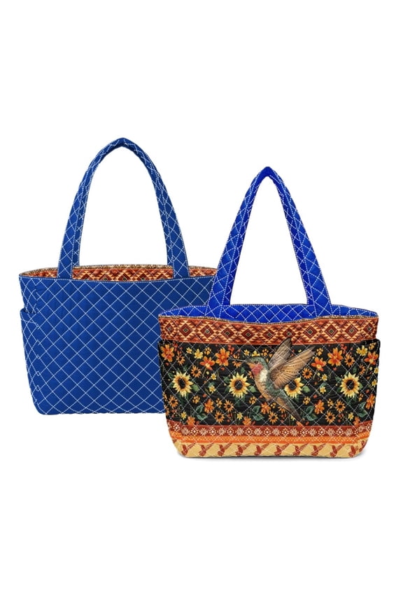 Aztec Hummingbird Sunflower Print Women's Lightweight Quilted Tote – Reversible Shoulder Bag, Large 15" Laptop Handbag with Multiple Pockets, Perfect for Work Travel, Blue