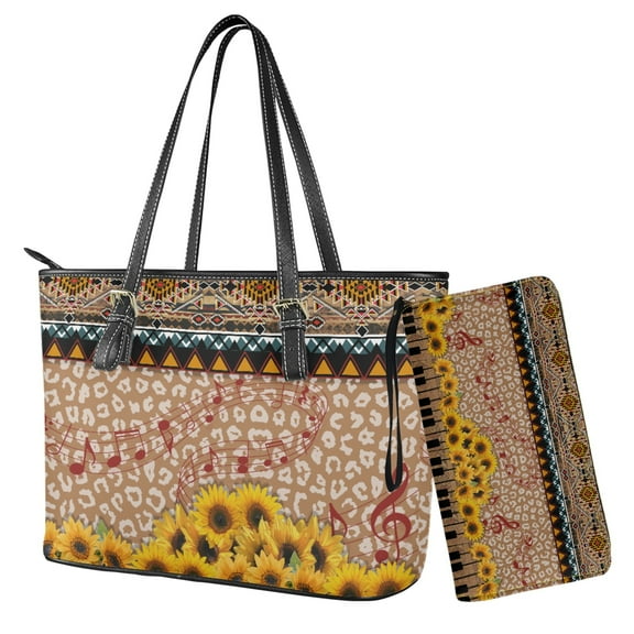 ZUXONGSY Aztec Leopard Sunflower Print 2 Pieces Waterproof Tote Handbag Card Holder Set for Women Large Capacity Work Bag with Matching Wallet Set for Shopping Work