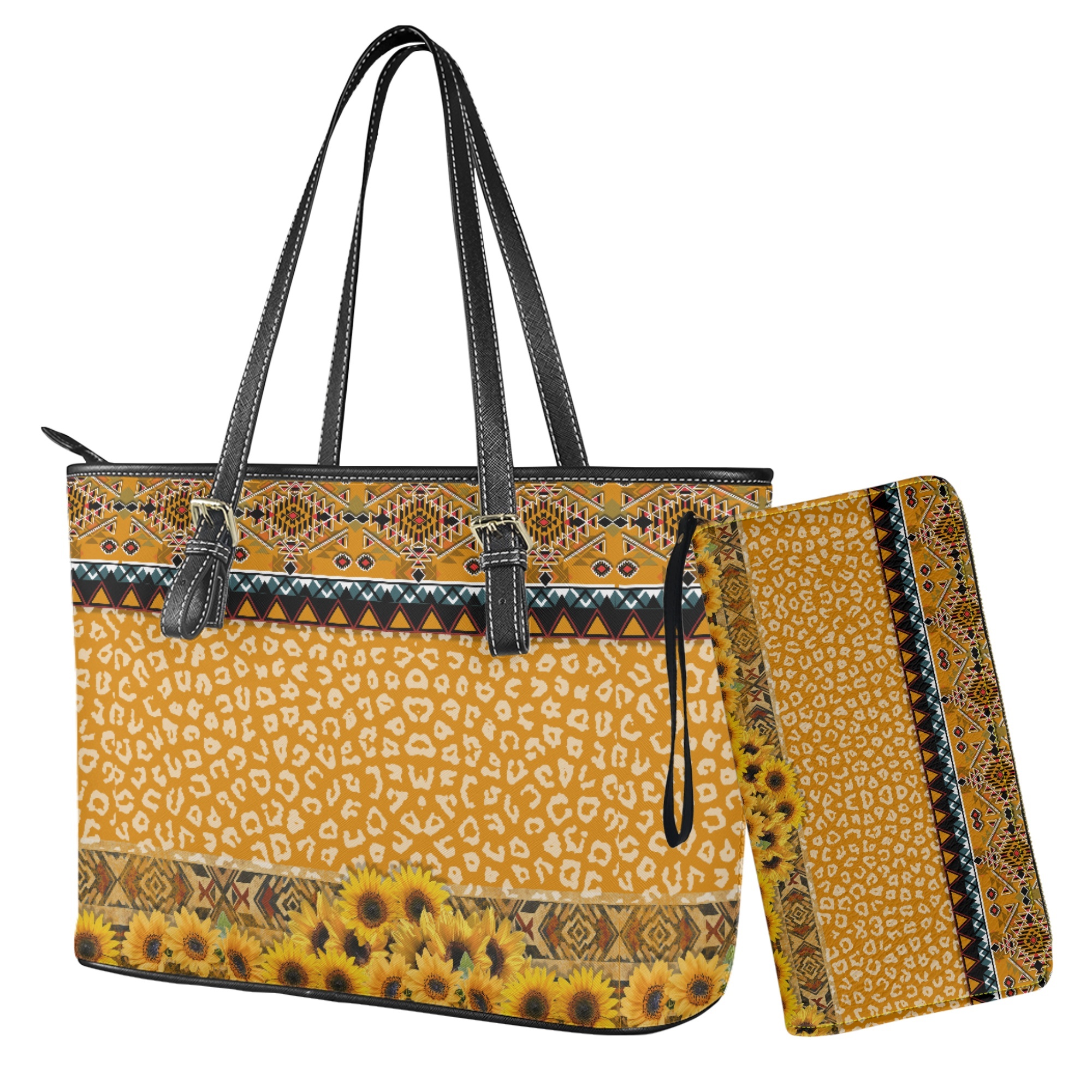 ZUXONGSY Aztec Sunflower Leopard Print Women's Satchel Purse Set Lightweight Top Handle Handbag with Wristlet Wallet PU Leather for Shopping Work