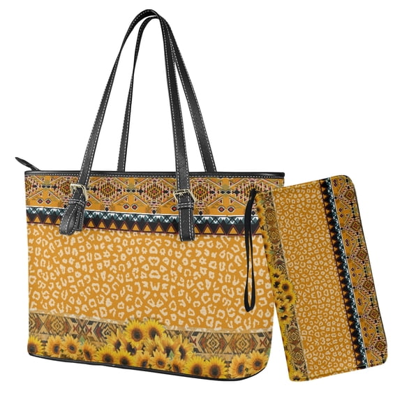 ZUXONGSY Aztec Sunflower Leopard Print Women's Satchel Purse Set Lightweight Top Handle Handbag with Wristlet Wallet PU Leather for Shopping Work