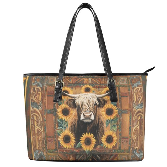 ZUXONGSY Aztec Tribal Highland Cow Sunflower Print Handbag for Women PU Leather Laptop Tote Bag Lightweight Top Handle Tote Bag with Zippered for Dating Shopping