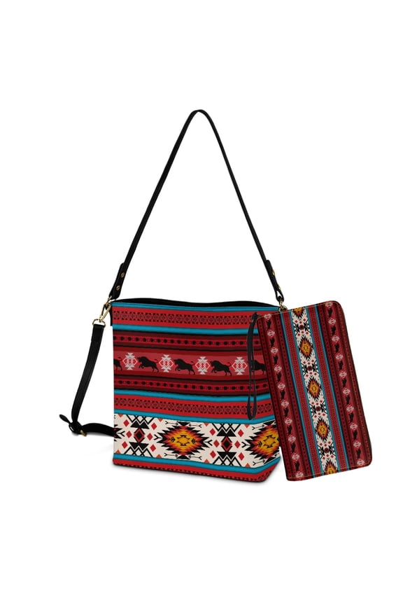 Aztec Tribe Bull Print Casual 2 Pcs Bucket Bag Purse Set for Women, Fashion Leather Crossbody Handbag with Wrist Wallet for Shopping Working