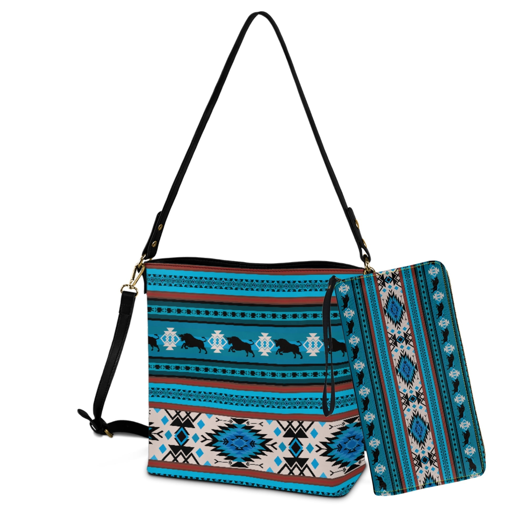 ZUXONGSY Aztec Tribe Bull Print Trendy Bucket Bag Purse and Wallet Set for Women, Lightweight Crossbody Handbag with Leather Wallet for Shopping Working