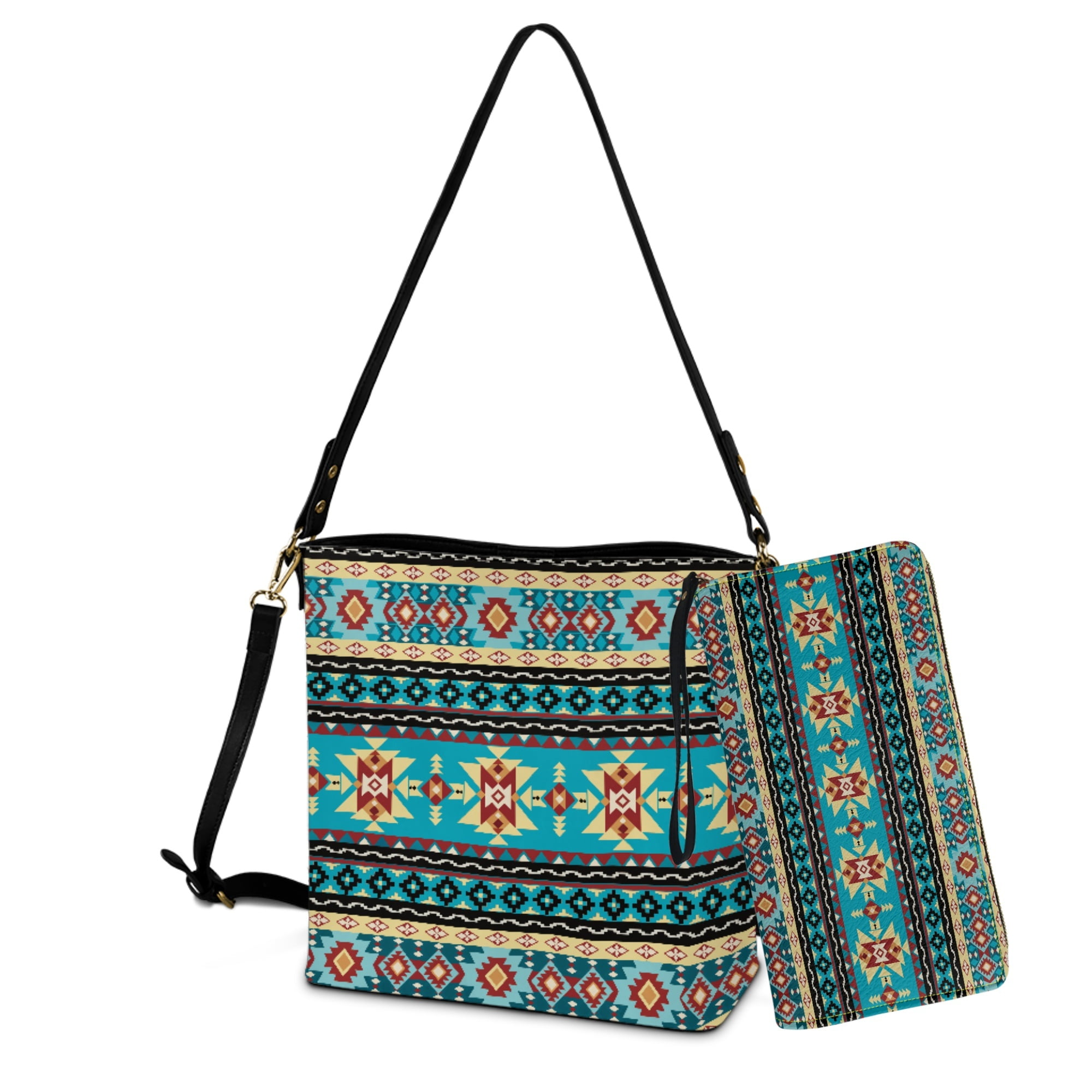 ZUXONGSY Aztec Tribe Print Multifunctional 2 Pcs Bucket Bag Purse Set for Women, Multipurpose Leather Crossbody Handbag with Wrist Wallet for Daily Use Travel
