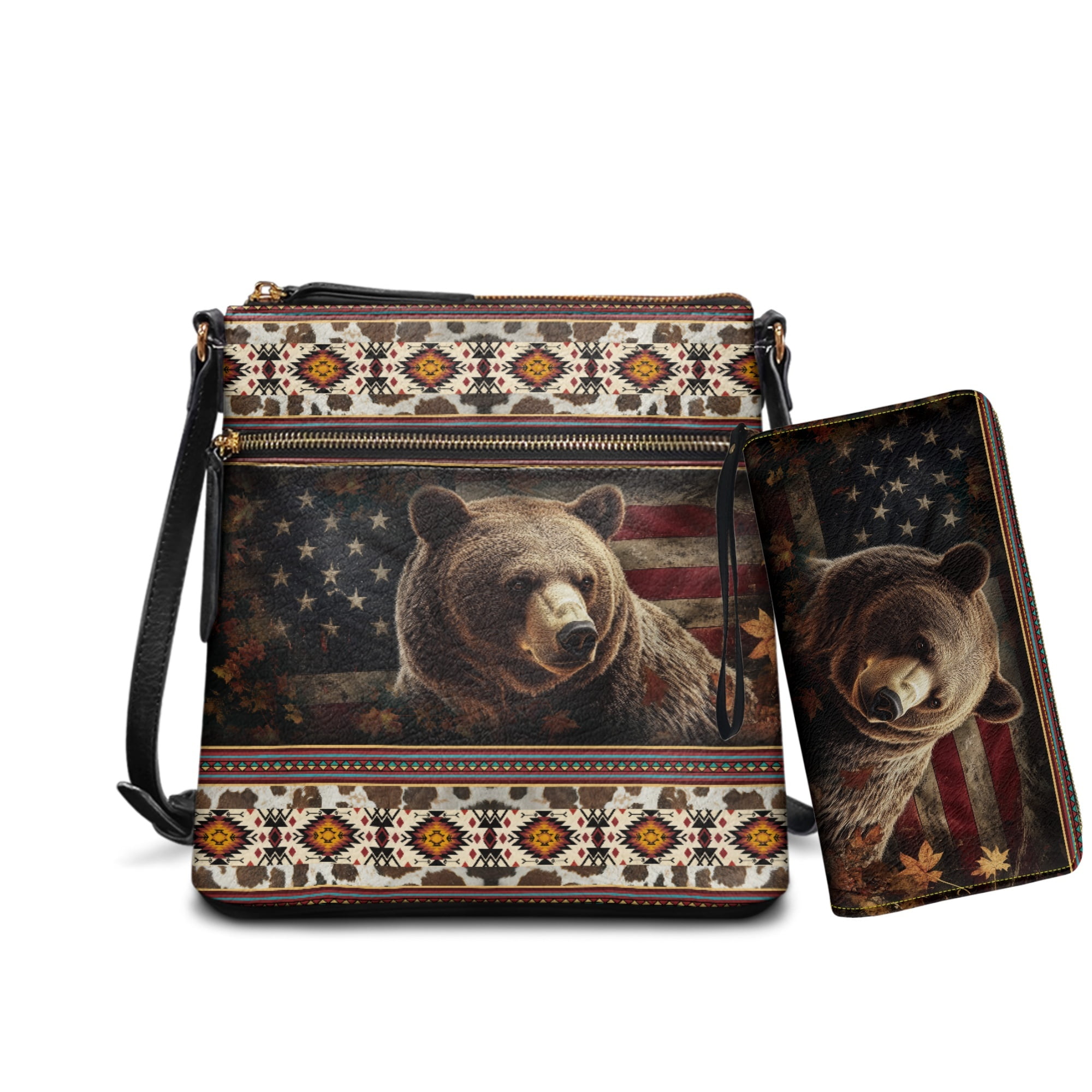 ZUXONGSY Aztec Vintage Bear American Flag Print Ladies Hobo Shoulder Bag Set with Matching Wallet - Waterproof PU Leather Satchel Purse and Wallet for Shopping Work Business Travel Vacation
