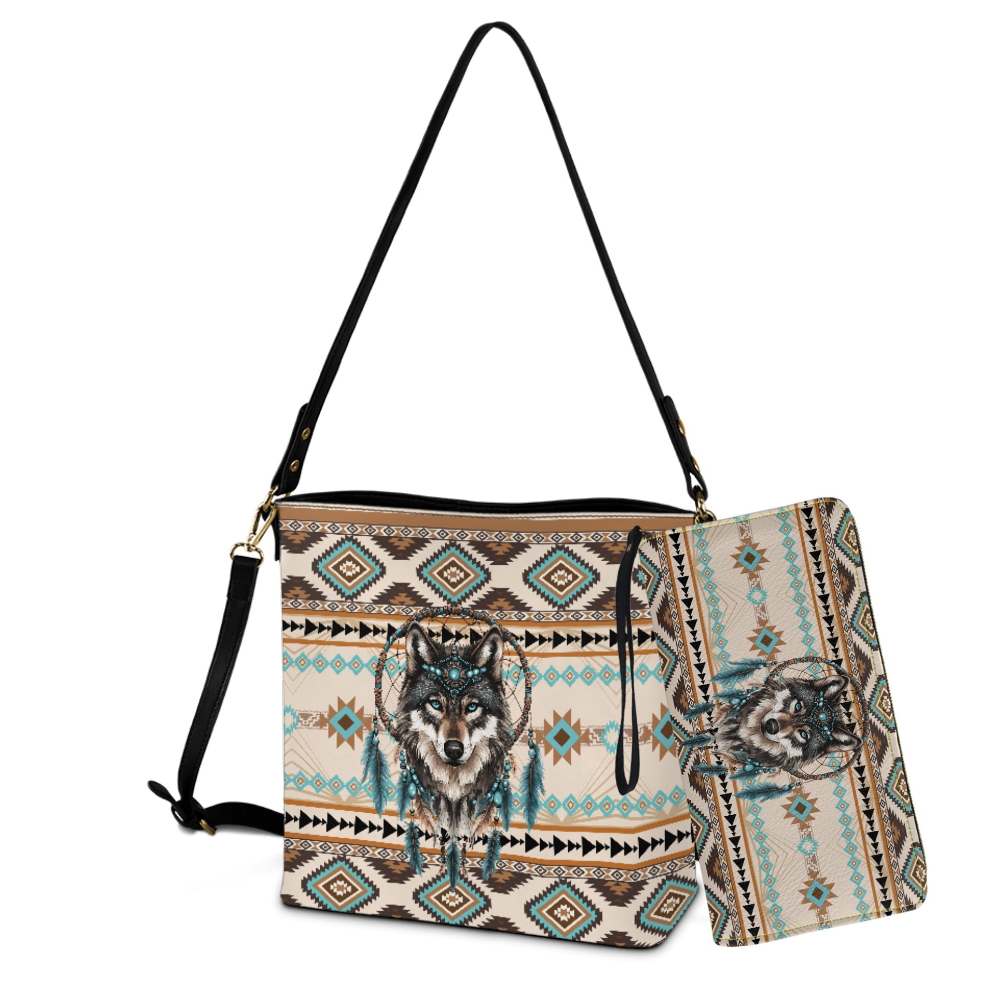 ZUXONGSY Aztec Wolf Dreamcatcher Print Crossbody Handbag with Leather Wallet for Women Casual Leather Crossbody Handbag with Wrist Wallet Trendy 2 Pcs Bucket Purse Set for Workout