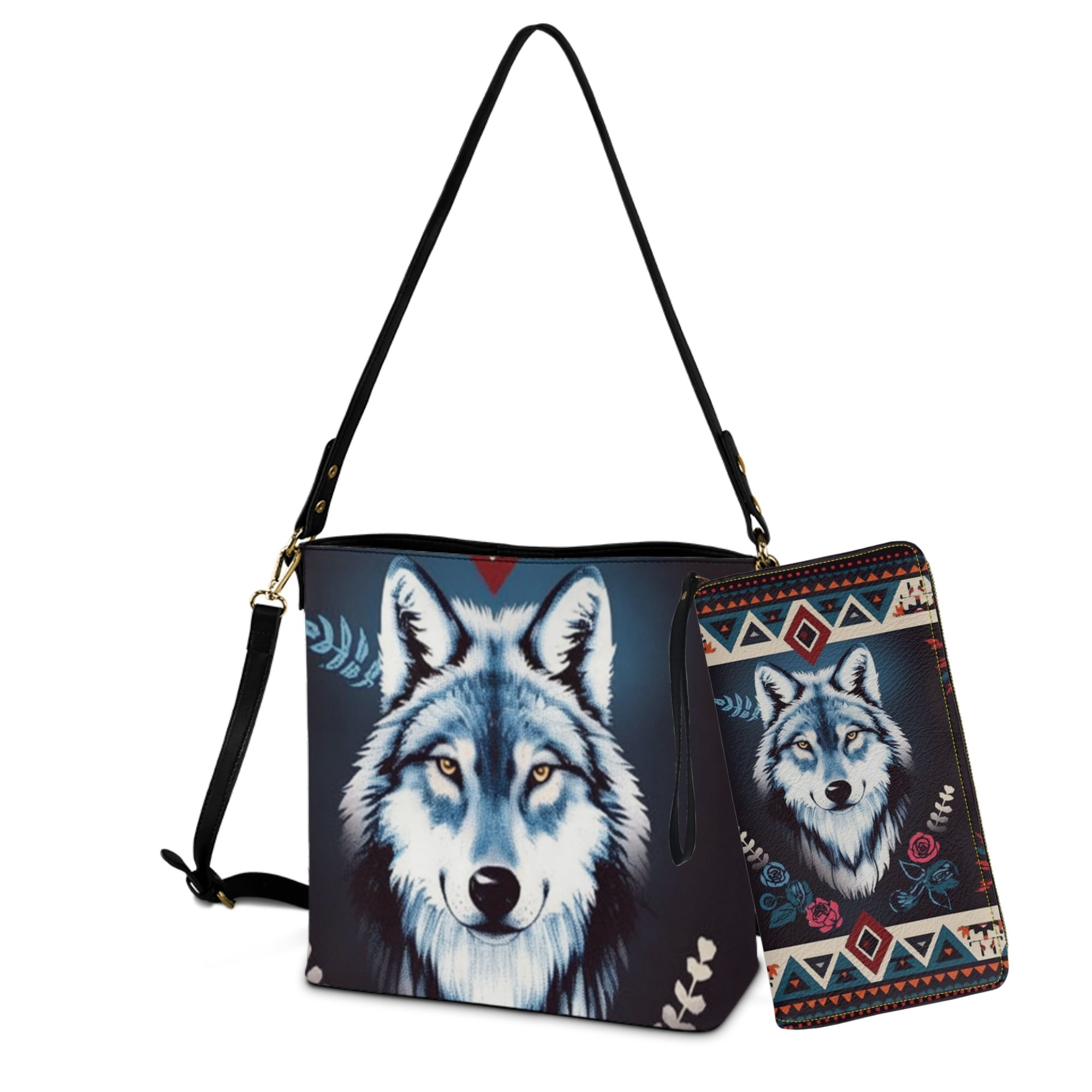 ZUXONGSY Aztec Wolf Rose Print Bucket Bag Tote Purse Set for Women Casual Crossbody Hobo Bag with Wallet Set Fashion Shoulder Bag with Leather Wallet for Shopping