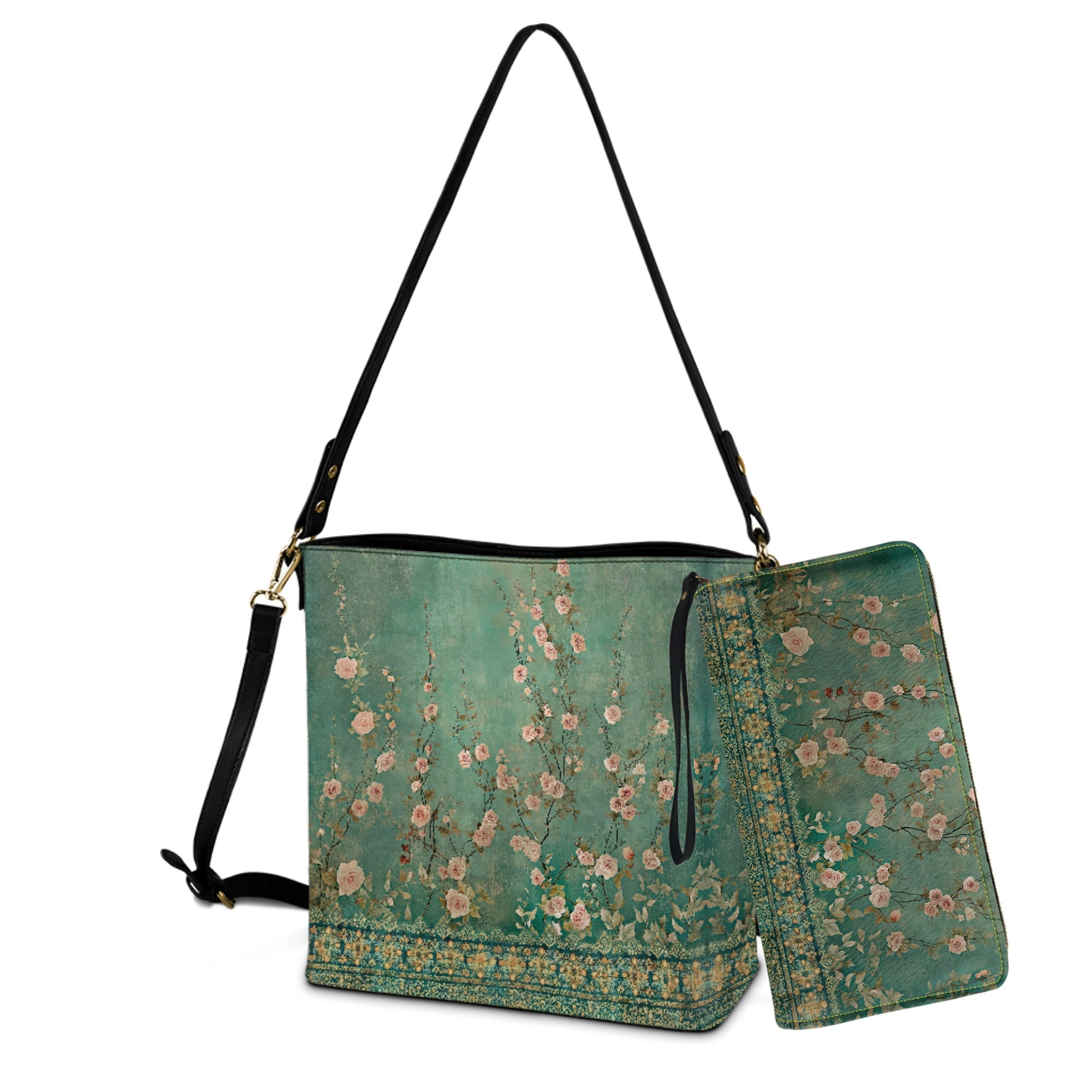 ZUXONGSY Baroque Flower Rose Print Multifunctional Leather Crossbody Handbag with Wrist Wallet for Women, Multipurpose Bucket Bag Purse and Wallet Set for Daily Use Travel