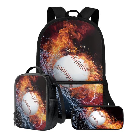 ZUXONGSY Baseball Fire Water Print 3 Pack Backpack for Girls Boys Teens School Bag for Kids Elementary Middle High School Bookbag Travel Laptop Daypack Back to School Gifts