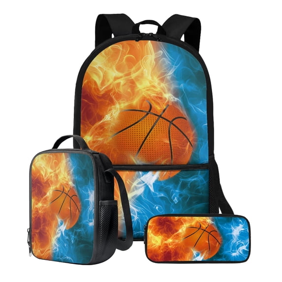 ZUXONGSY Basketball Fire Water Stamp Print 3 Pcs Backpack Set Travel Bag Portable Bookbag Knapsack Daypack Large Capacity Sports Backpacks Schoolbag with Lunch Box Pencil Case for Boys Girls