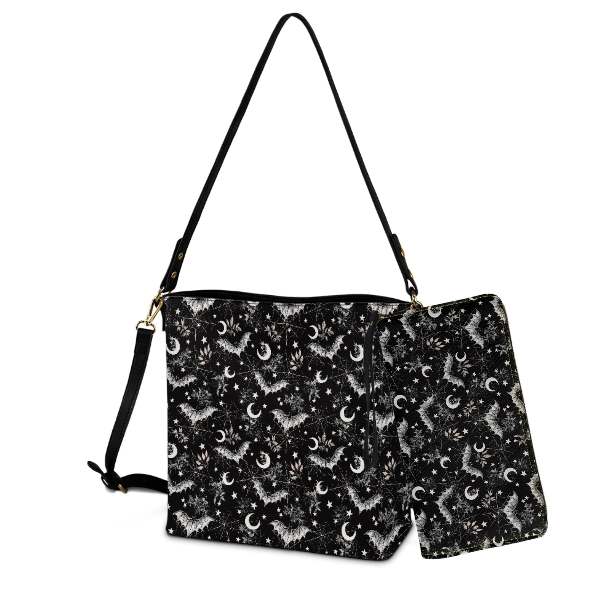ZUXONGSY Bat Moon Print Womens Bucket Crossbody Bag Set Leather Crossbody Handbag with Wrist Wallet for Shopping Travel