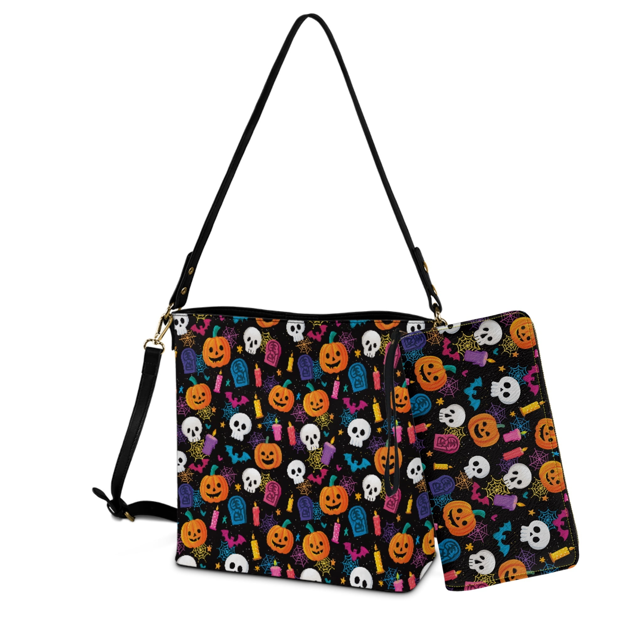 ZUXONGSY Bat Pumpkin Skull Print Crossbody Hobo Bag with Wallet Set for Women Waterproof Crossbody Handbag with Leather Wallet Fashion Bucket Bag Tote Purse Set for Travel