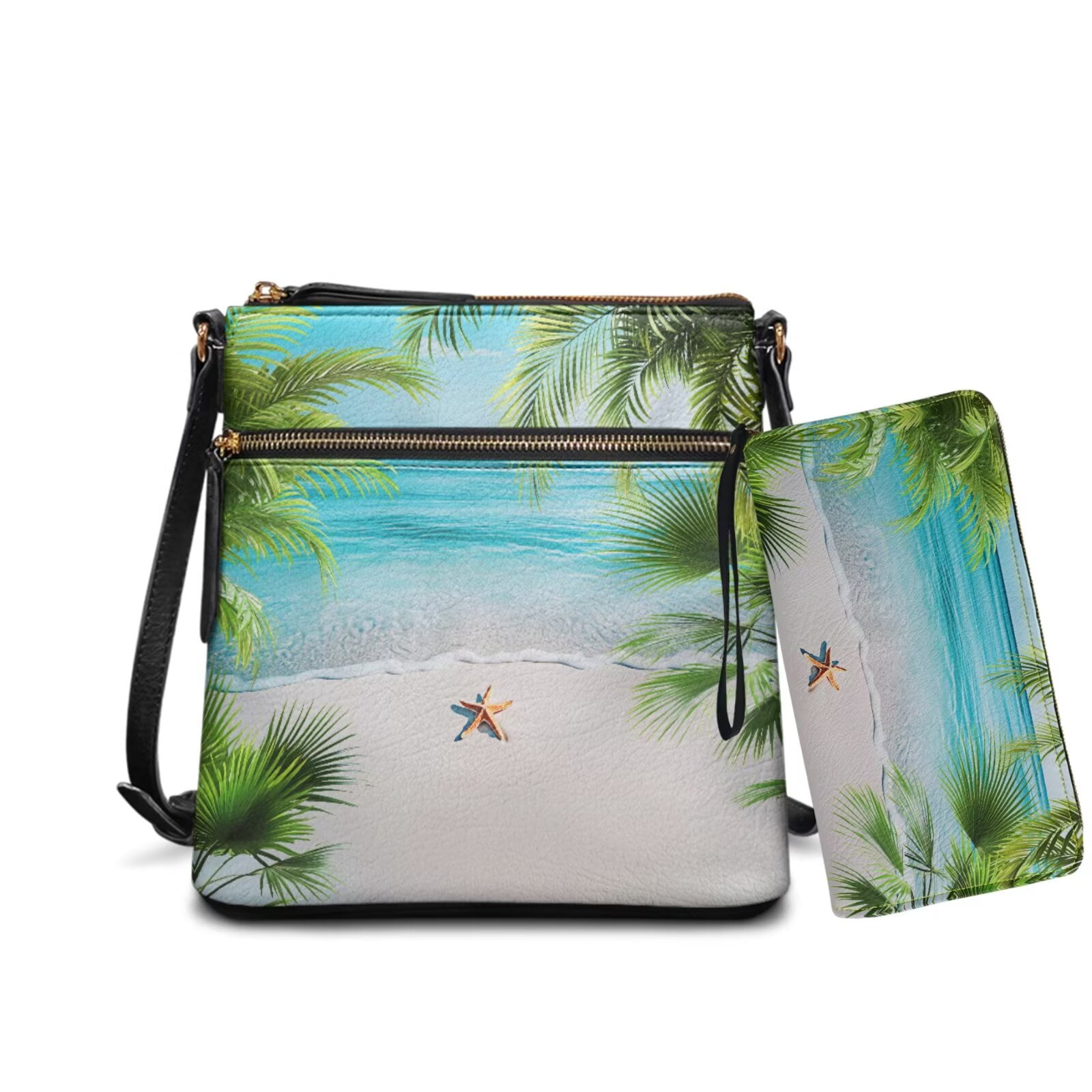 ZUXONGSY Beach Sea Starfish Palm Tree Print Women's PU Leather Crossbody Hobo Bag and Wallet Set, Adjustable Strap, Lightweight, Large Satchel for Travel & Work