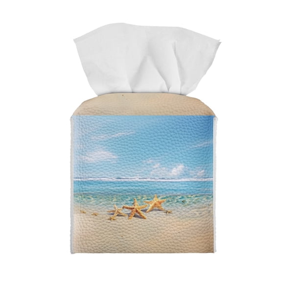 ZUXONGSY Beach Starfish Square Tissue Box Covers PU Leather Tissue Cube Box Cover Bathroom Tissue Box Holder Reusable Paper Towel Box Cover for Bathroom,Car,Bedroom, Hotel, Office