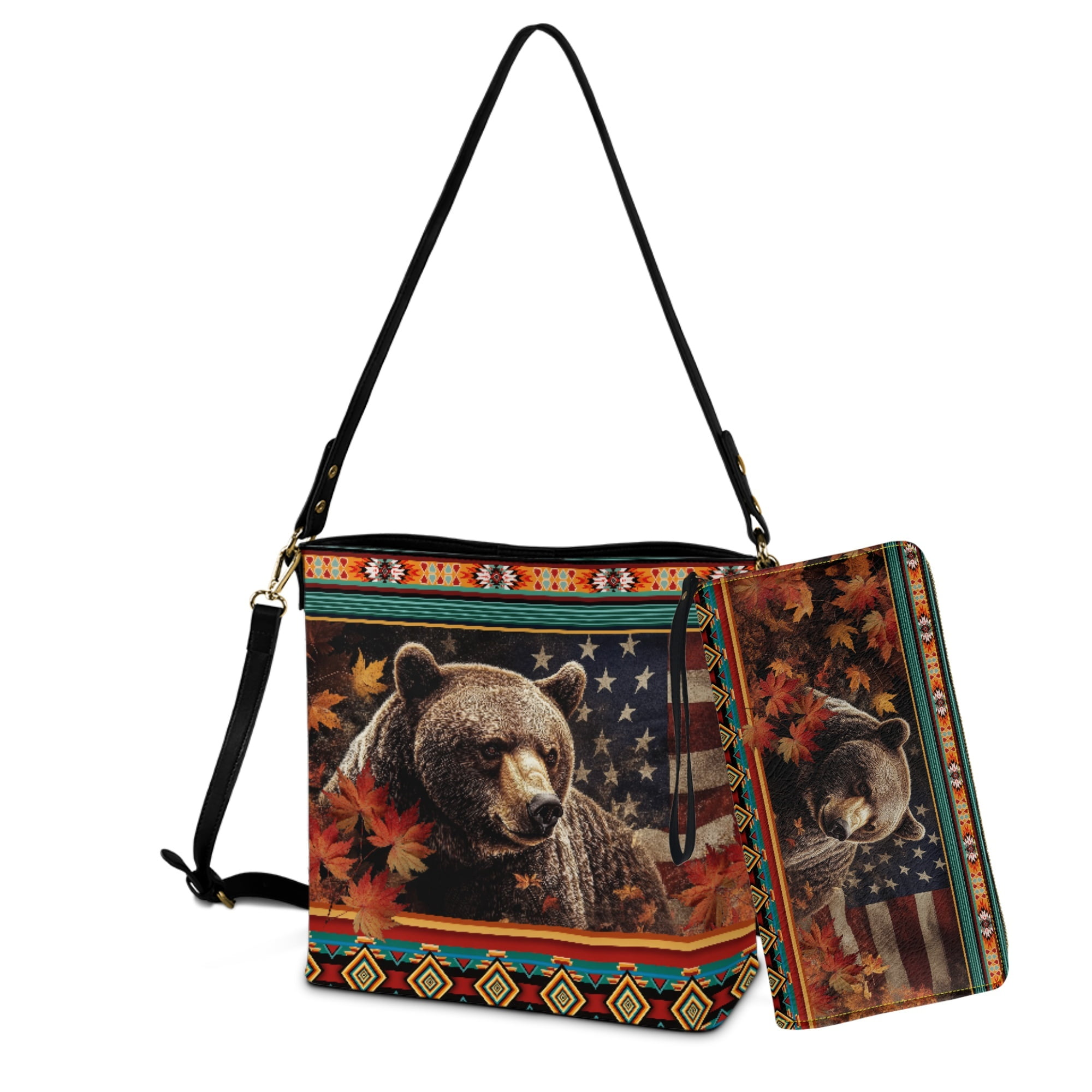 ZUXONGSY Bear American Flag Maple Leaf Print Shoulder Bag with Leather Wallet for Women Lightweight Leather Crossbody Handbag with Wrist Wallet Large Bucket Crossbody Bag Set for Working