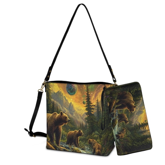 ZUXONGSY Bear Forest Planet Print Bucket Purse and Wallet Set for Women Trendy Leather Crossbody Handbag with Wrist Wallet Casual Shoulder Bag with Leather Wallet for Working