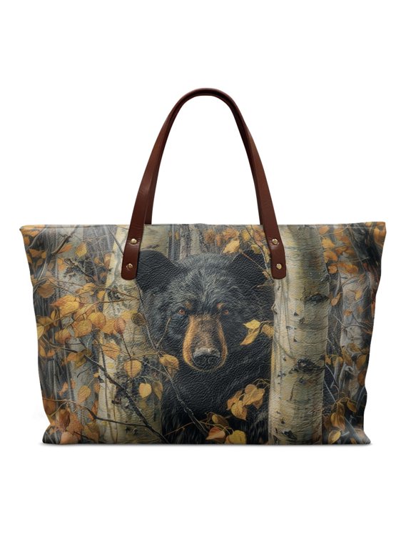 Bear Forest Print Handle Handbag for Women Pu Leather Tote Bag Waterproof Top Handle Satchel with Inner Pocket for Excursions Shopping