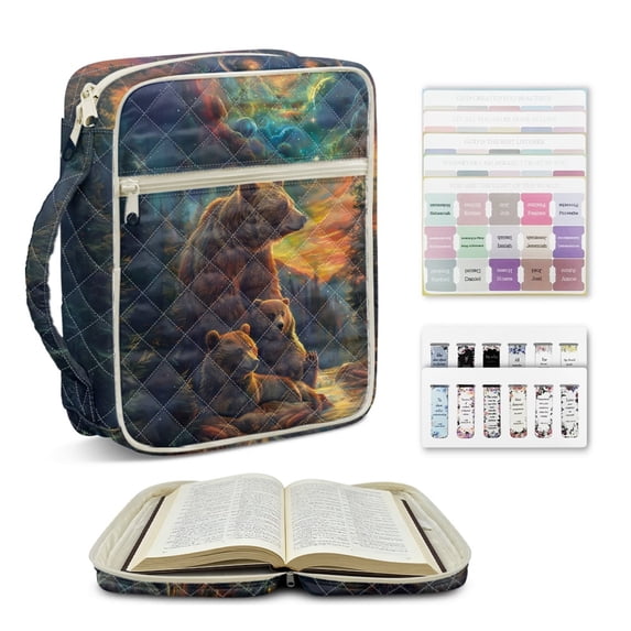 ZUXONGSY Bear Planet Print Bible Cover Case for Women Quilted Bible Cover Multifunctional Scripture Bag with Bookmarks Zippered Carrying Book Case for Christian