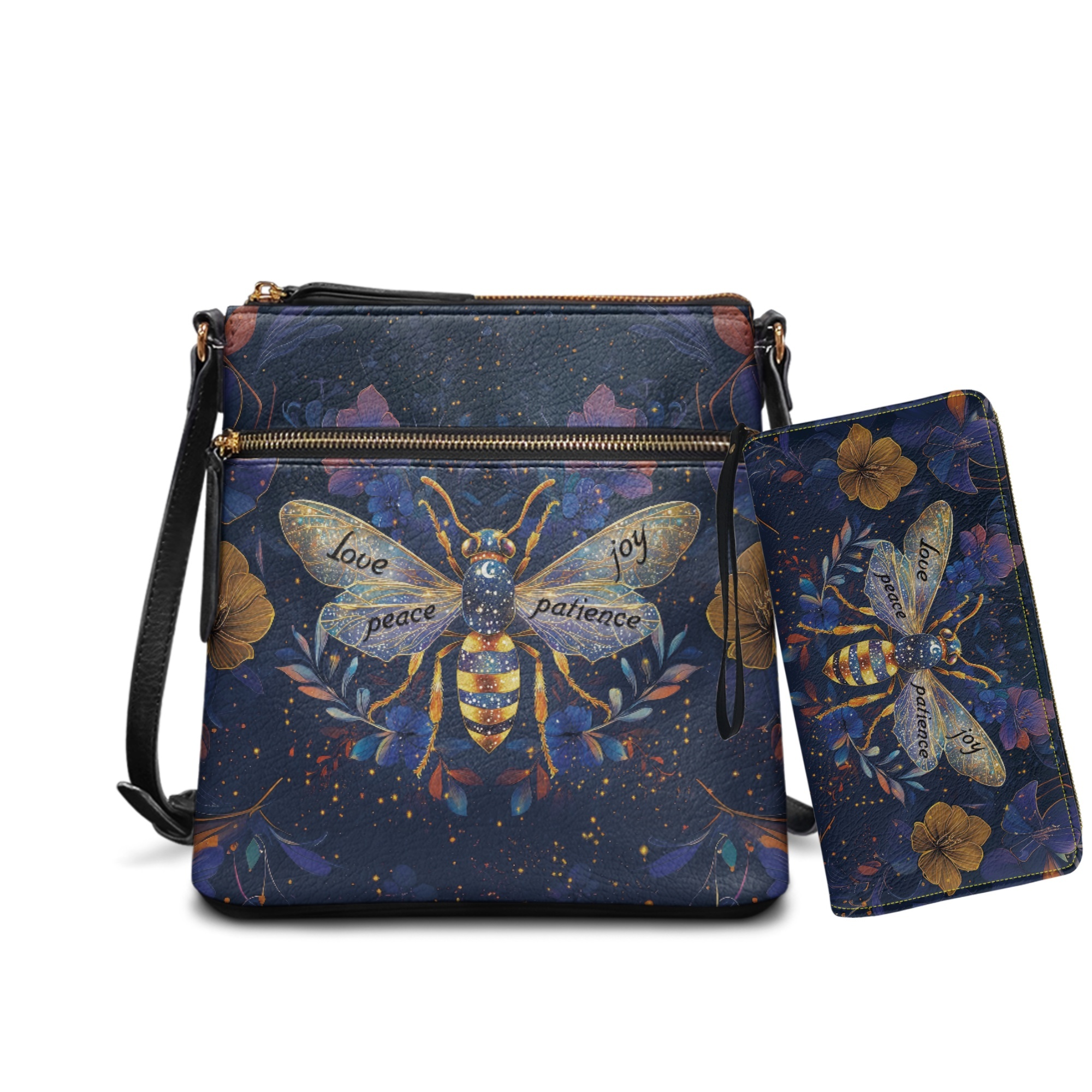 ZUXONGSY Bee Flower Galaxy Print Women's PU Leather Crossbody Bag & Wallet Set, Large Satchel Hobo Purse with Adjustable Strap for Work, Travel & Everyday