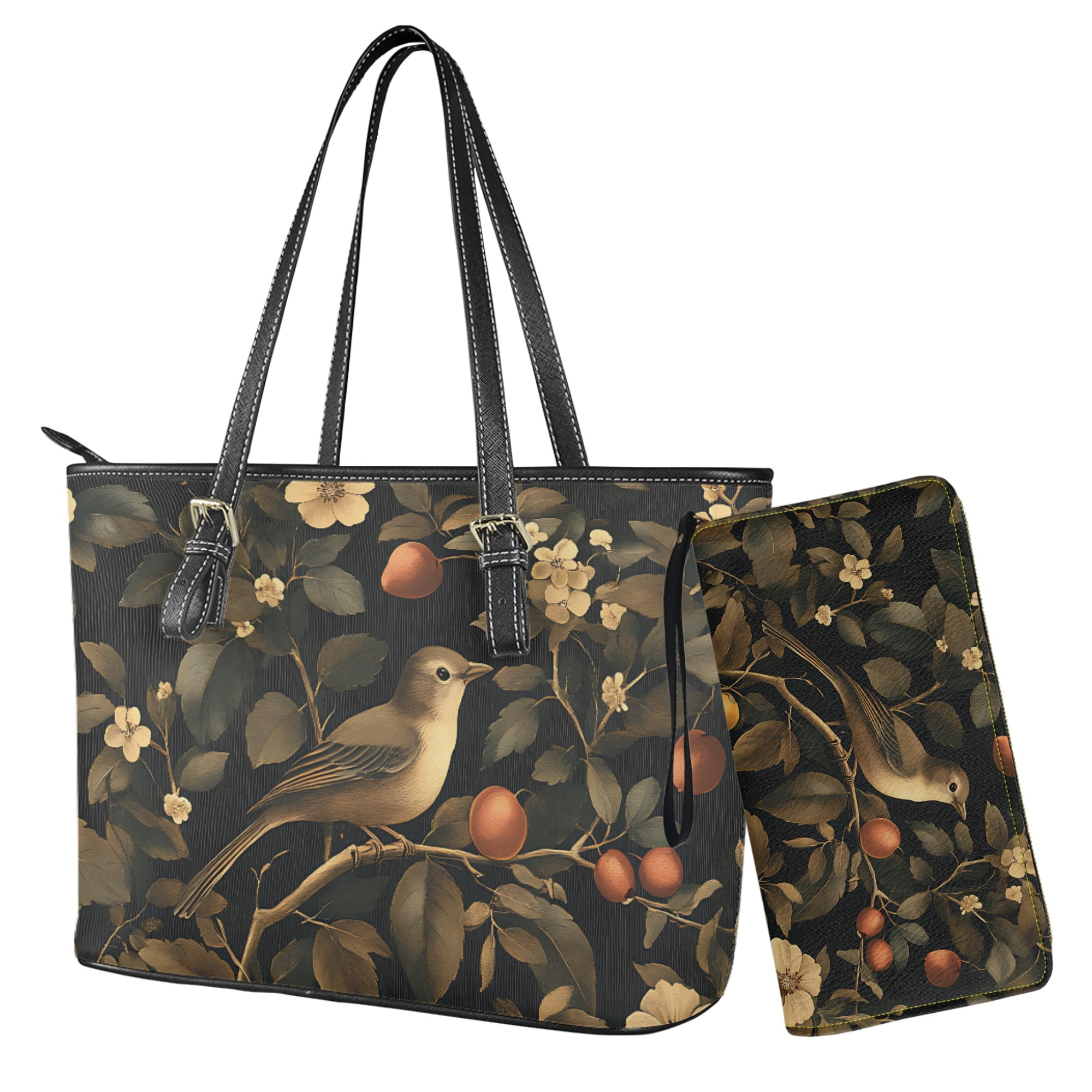 ZUXONGSY Bird Fruit Floral Print Womens Wallet and Purse Set Tote Bag Hobo Shoulder Handbag with Matching Purse Pu Leather Top Handle Handbag