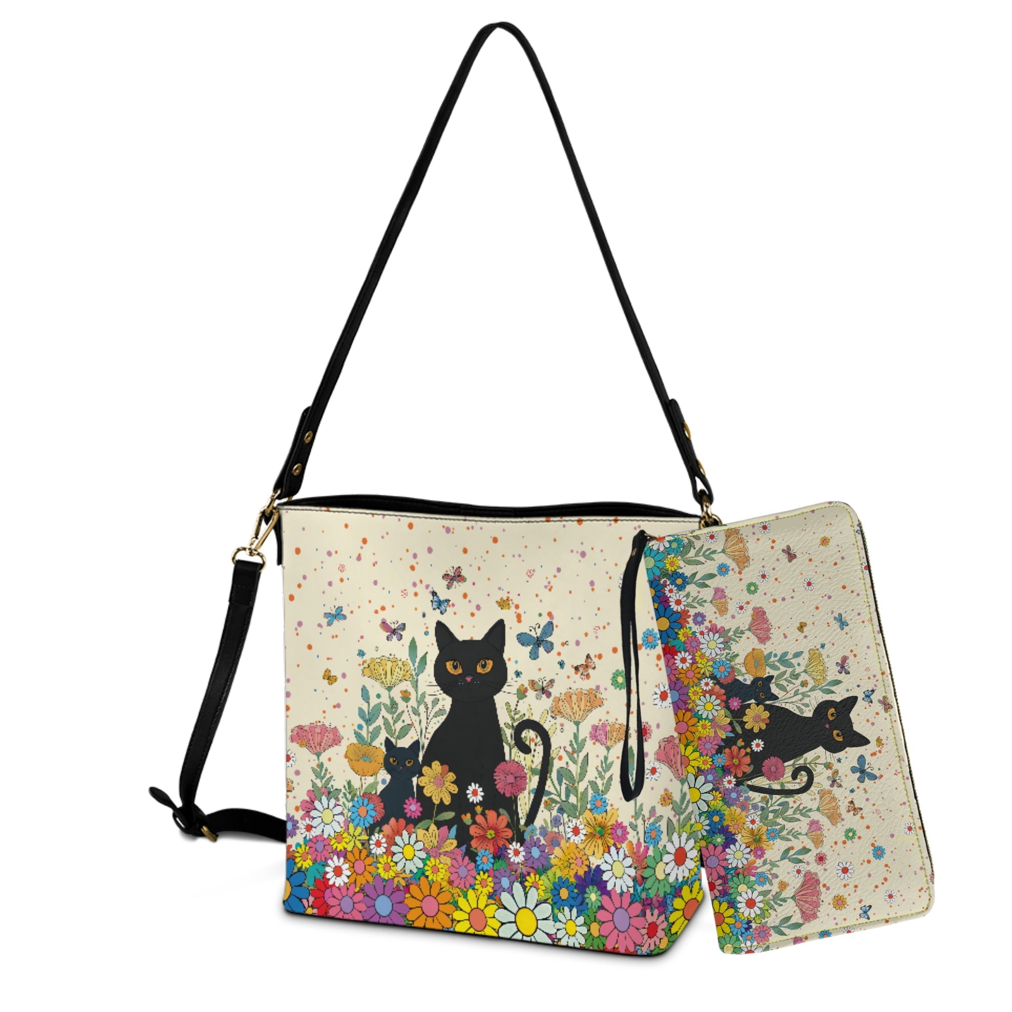 ZUXONGSY Black Cat Daisy Flower Butterfly Print Top-Handle Handbags with Purse for Women Large Crossbody Hobo Bag with Wallet Set Fashion Bucket Crossbody Bag Set for Shopping