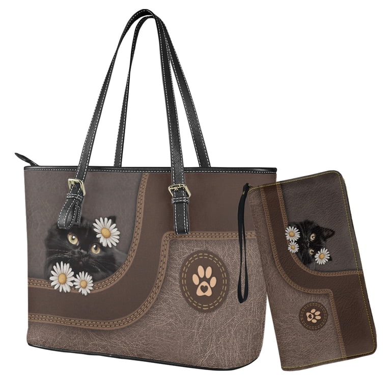ZUXONGSY Black Cat Daisy Flower Print Handbag and Wallet Set  display picture 2