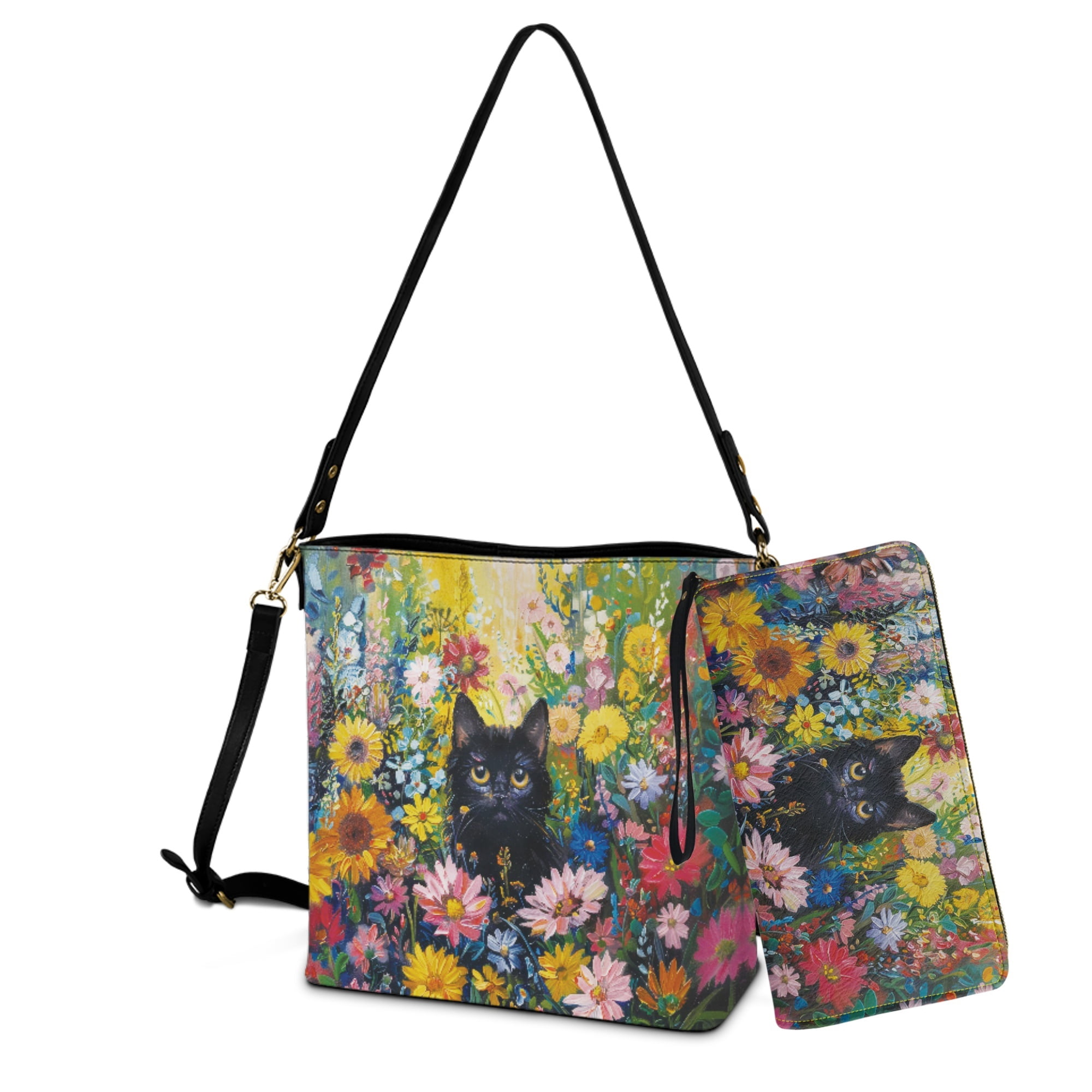 ZUXONGSY Black Cat Daisy Flower Print Trendy Leather Crossbody Handbag with Wrist Wallet for Women, Lightweight Bucket Bag Purse and Wallet Set for Daily Use Travel