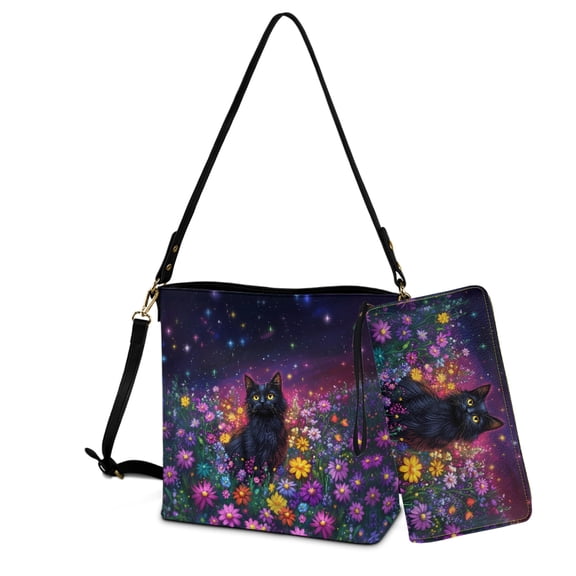 ZUXONGSY Black Cat Daisy Galaxy Print Crossbody Handbag with Leather Wallet for Women Lightweight Bucket Bag Tote Purse Set Large Crossbody Hobo Bag with Wallet Set for Working