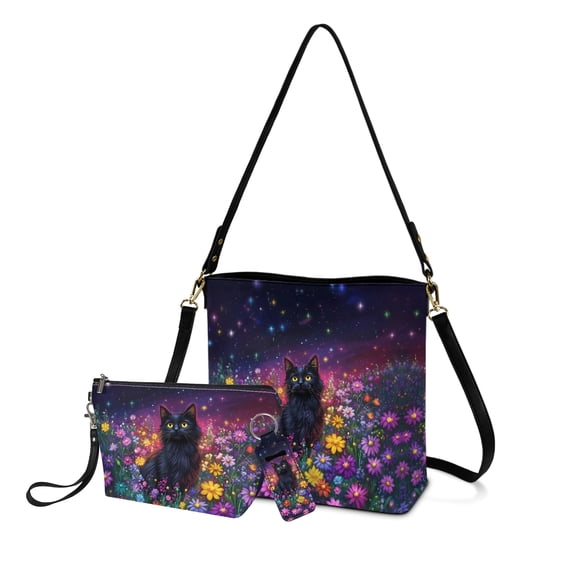 ZUXONGSY Black Cat Daisy Galaxy Print Multifunctional Leather Bucket Bag for Women Set with Cosmetic Pouch, Lipstick Holder, and Keychain Clip for Dating Shopping