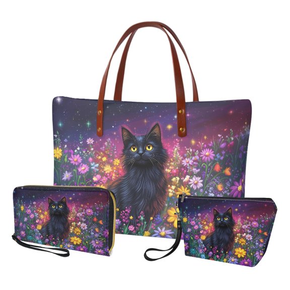 ZUXONGSY Black Cat Daisy Galaxy Print Tote Bag with Large Capacity Makeup Bag Purse for Women PU Leather Top Handle Satchel Set with Fashion Travel Toiletry Bag Money Organizers for Dating